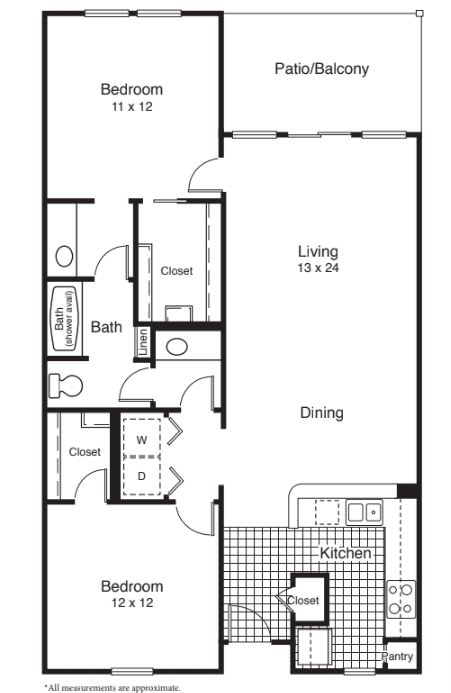 A floor plan of an apartment featuring a living room, kitchen, bathroom, and closets.