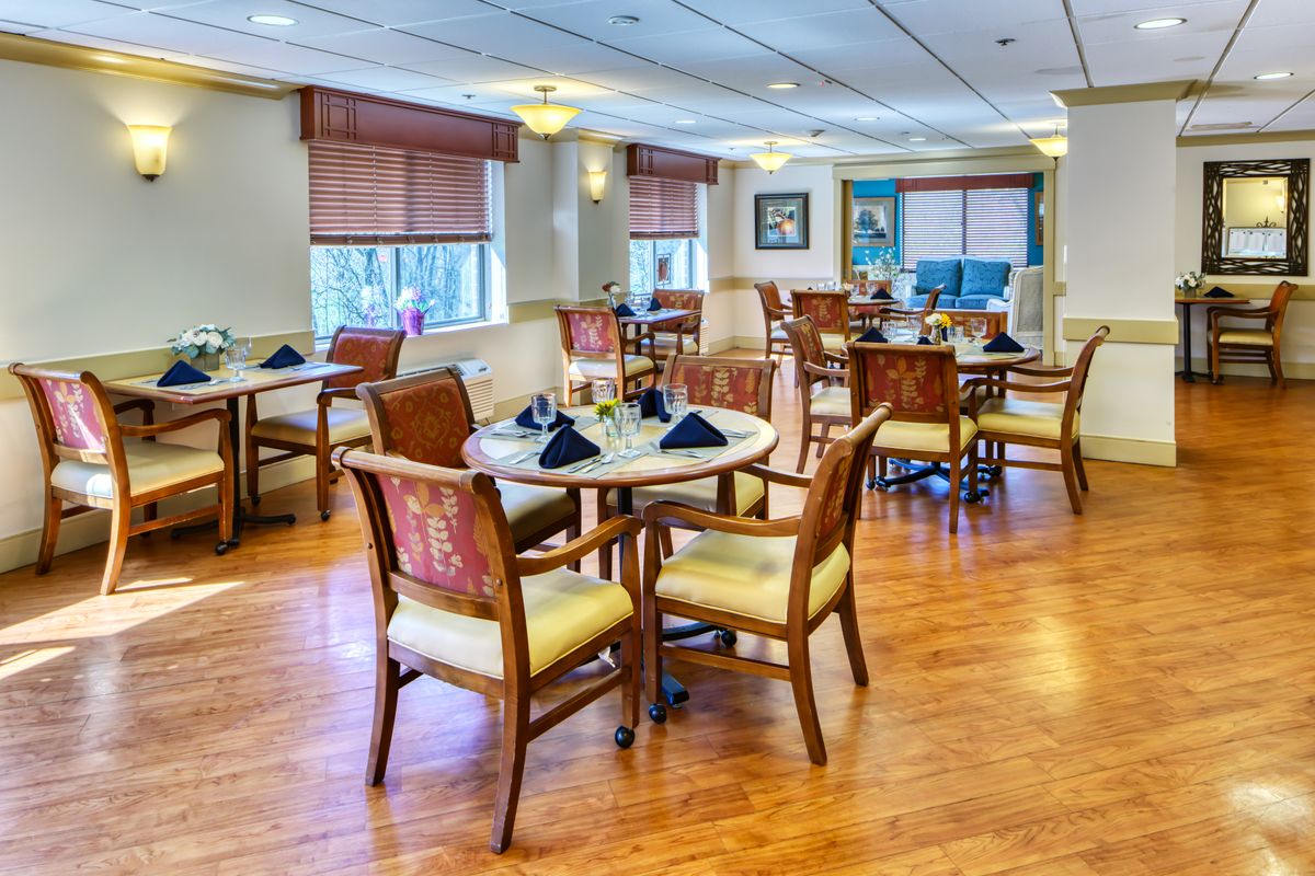 A cozy dining area with neatly arranged tables and comfortable chairs.