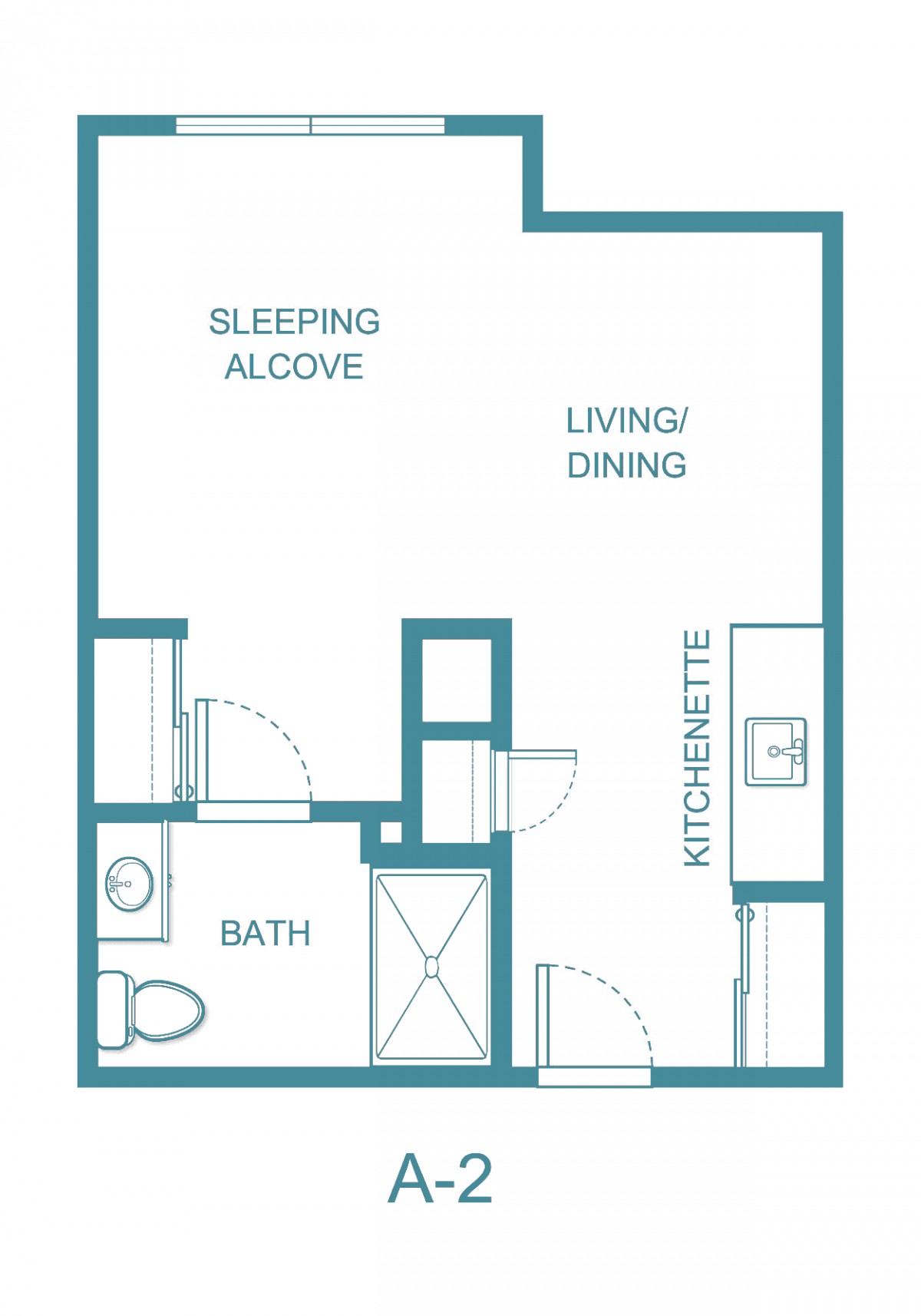 A floor plan of a studio apartment featuring a sleeping alcove, living/dining area, kitchenette, and bath.