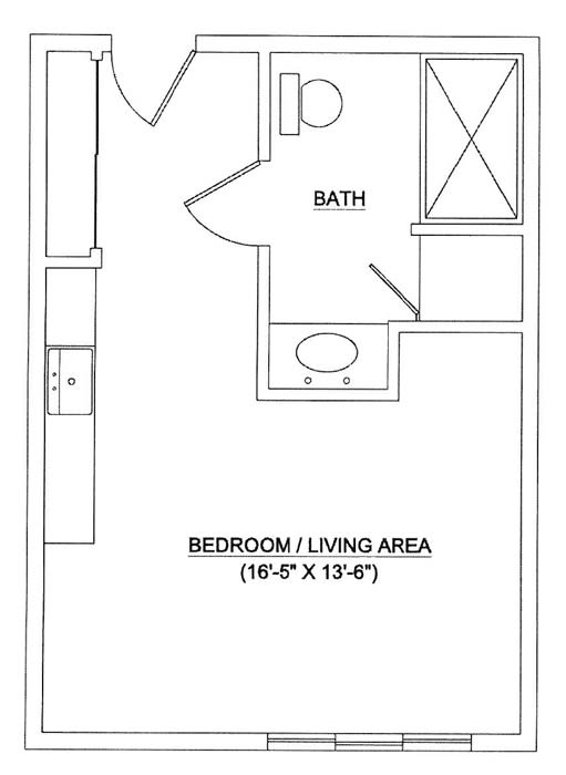 A floor plan of a studio apartment featuring a combined bedroom and living area, and a bathroom.