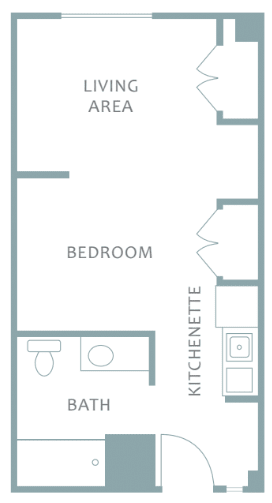 Studio apartment floor plan with bedroom, kitchenette, and bathroom.