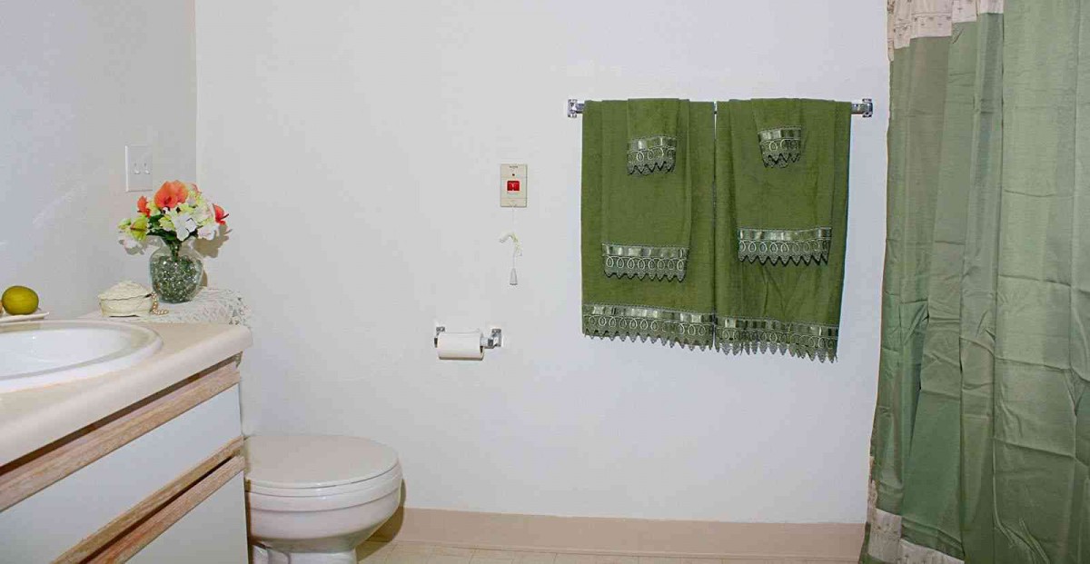 A bathroom with green towels hanging on the wall beside a toilet.