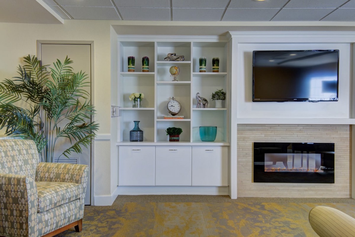A cozy living room with a shelving unit, fireplace, and television.
