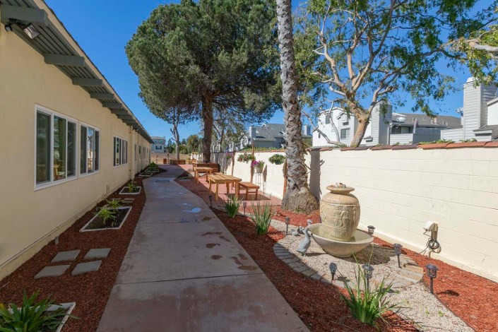 A tranquil outdoor pathway lined with trees and decorative landscaping.