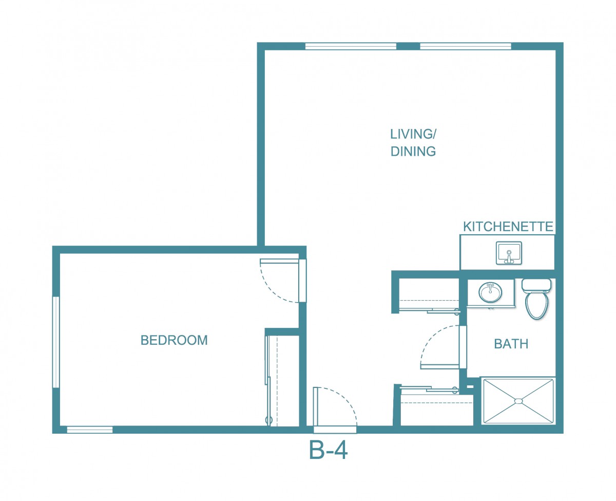 A minimalist floor plan of a one-bedroom apartment featuring a living and dining area, kitchenette, bathroom, and separate bedroom.