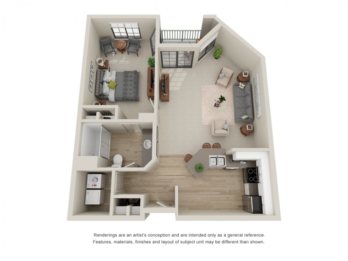 A 3D floor plan of a one-bedroom apartment featuring a spacious living room, kitchen, and bathroom.
