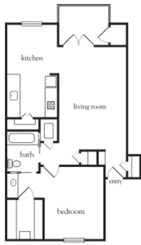 A simple apartment floor plan showing the kitchen, living room, bath, and entry area.