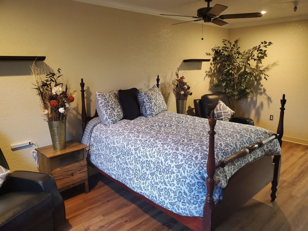 A cozy bedroom with a patterned bedspread, decorative plants, and wooden furniture.