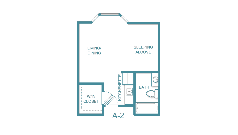 A floor plan of a studio apartment labeled as A-2, featuring a living/dining area, sleeping alcove, bathroom, and walk-in closet.