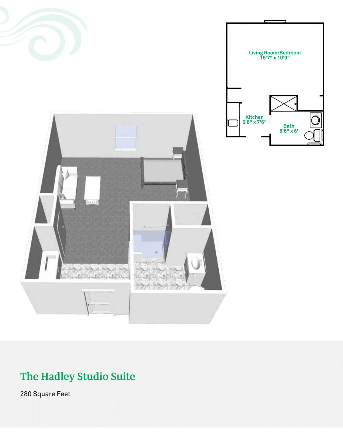 3D floor plan of a suite, showcasing the layout and design of the living space.
