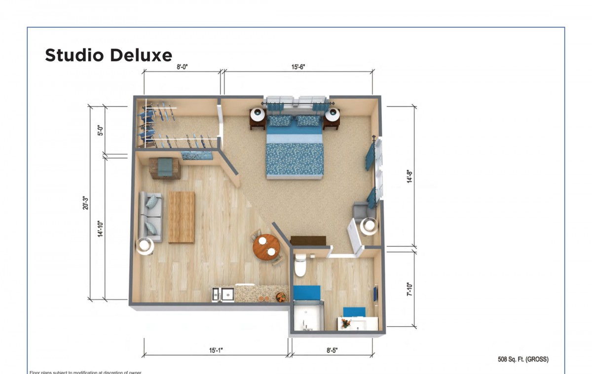 Floor plan of a Deluxe room featuring a bedroom, bathroom, and kitchen area.