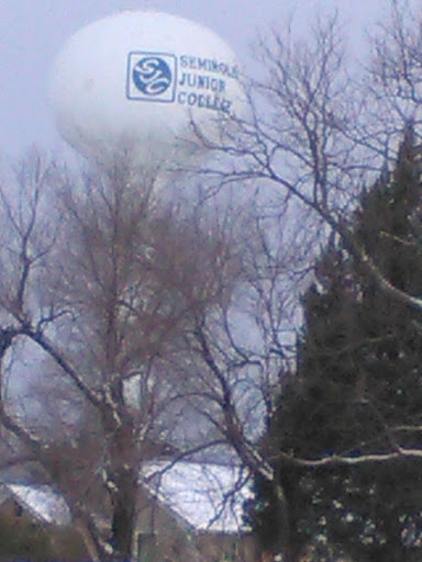 A water tower partially obscured by bare trees, set against a snowy winter backdrop.