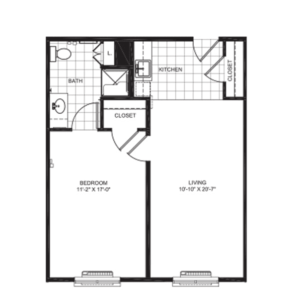 A black and white floor plan of a one-bedroom apartment layout.