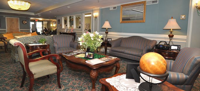 A cozy living room with sofas, a coffee table, and decorative elements.