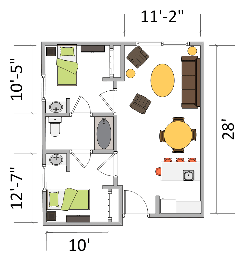 A floor plan of a compact two-bedroom apartment with labeled dimensions.