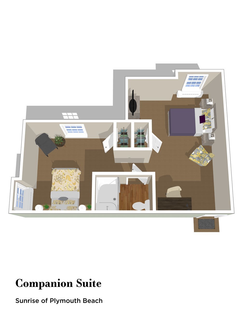 A 3D floor plan of a companion suite featuring a bedroom, living area, and bathroom.