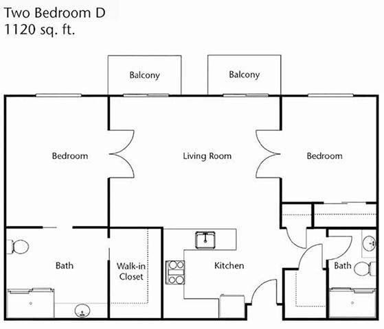 A floor plan layout of a two-bedroom apartment with balconies, kitchen, living room, and bathroom.