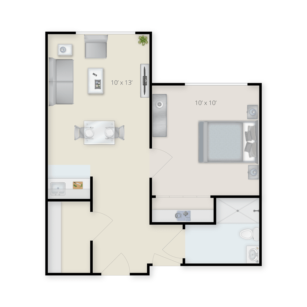 A one-bedroom apartment floor plan featuring a kitchen, living room, and bathroom.