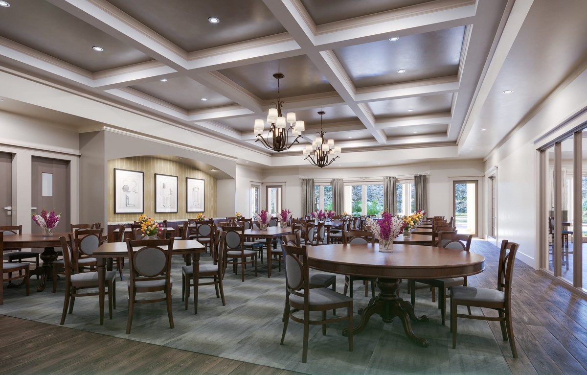 A spacious dining room with elegant lighting and neatly arranged tables and chairs.