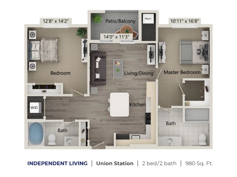 A floor plan of a two-bedroom, two-bathroom apartment with a living/dining area and patio balcony.