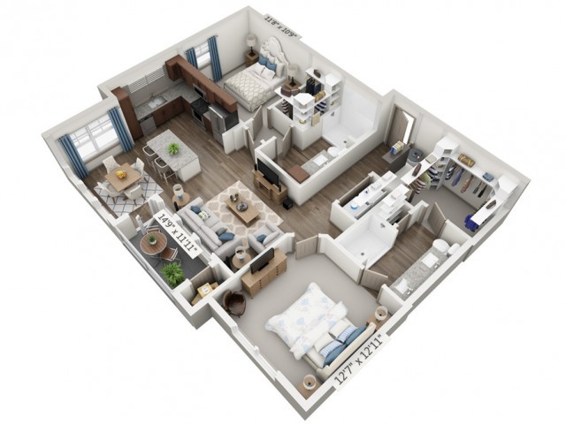 A 3D floor plan of a modern apartment showcasing the layout of rooms including bedrooms, bathrooms, kitchen, and living area.