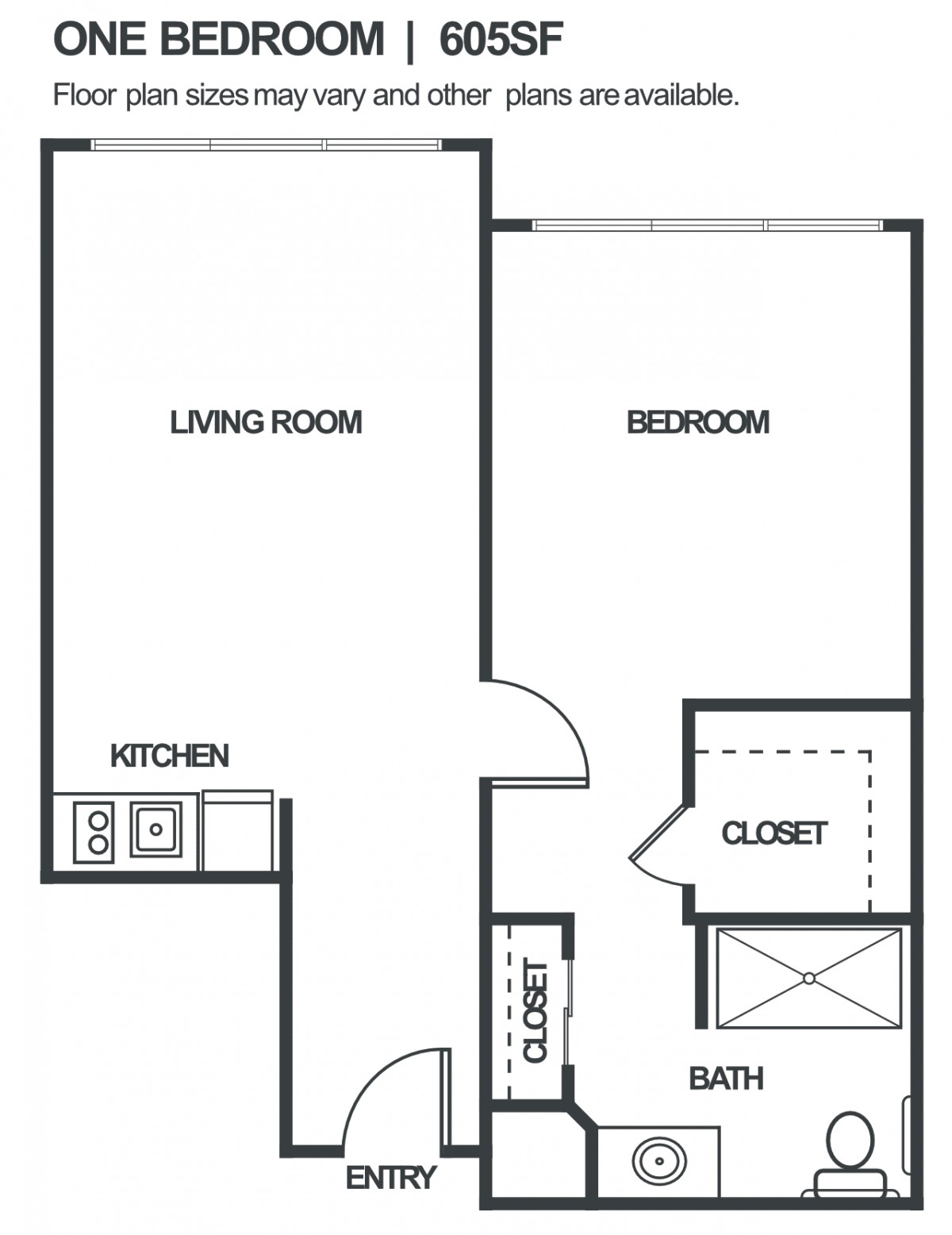 A simple one-bedroom apartment floor plan layout.