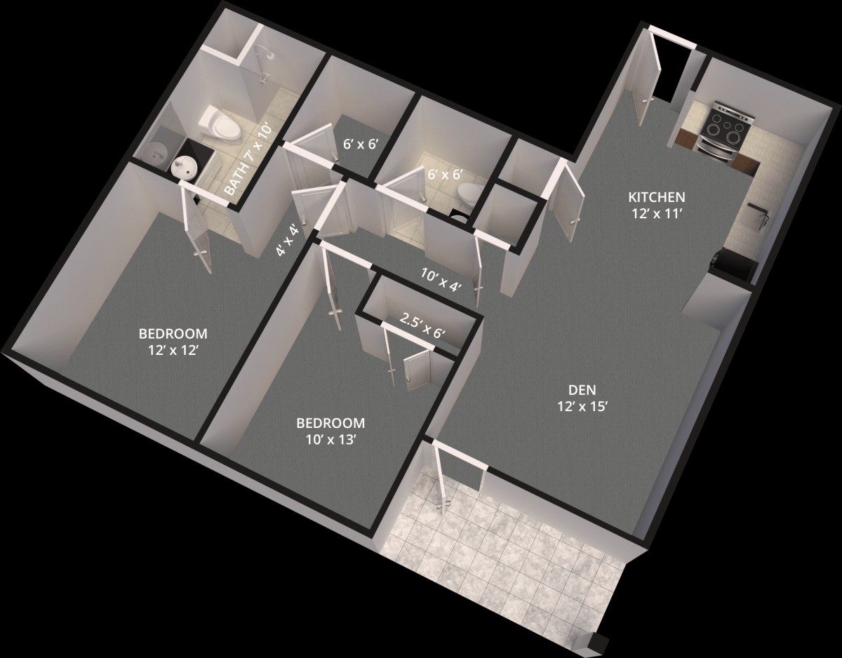 3D floor plan of an apartment with labeled room dimensions.
