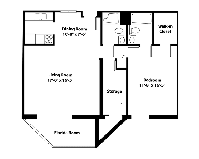 A one-bedroom apartment floor plan with designated areas for the living room, dining room, kitchen, bedroom, bathrooms, walk-in closet, storage, and a Florida room.