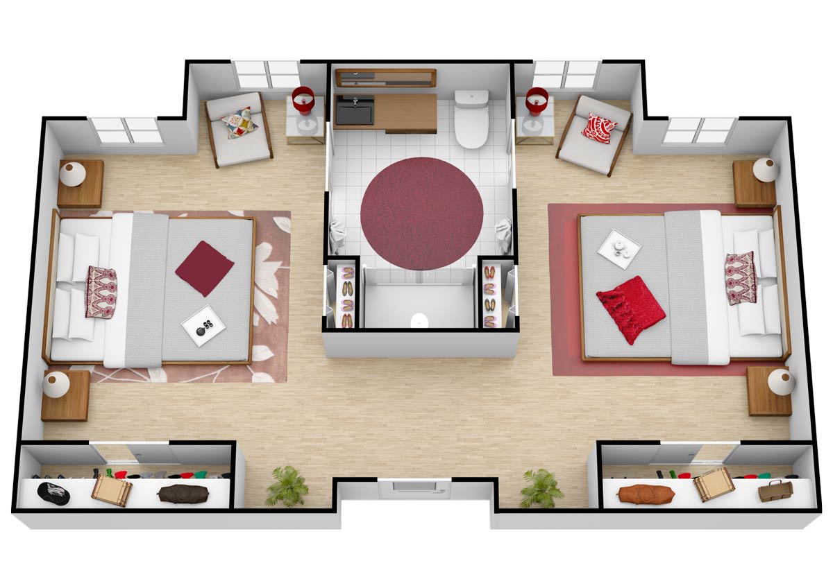 A 3D floor plan of an apartment featuring two bedrooms, a living area, and central facilities.