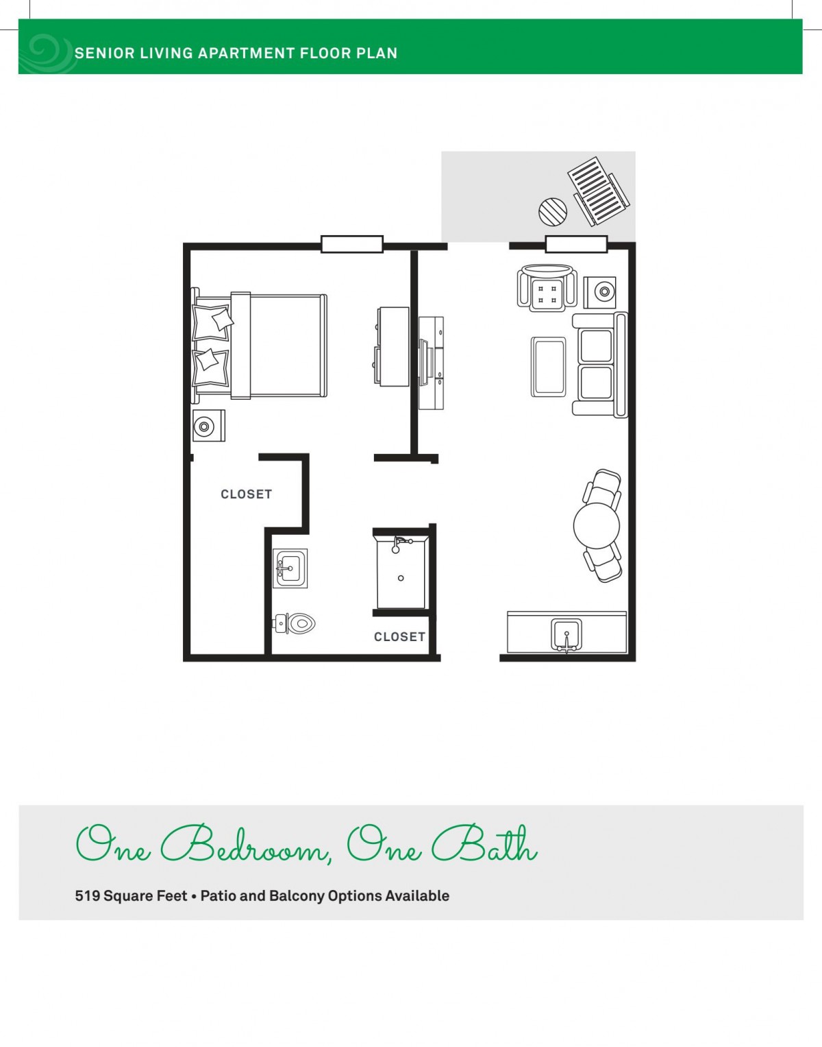 One bedroom, one bathroom apartment floor plan.
