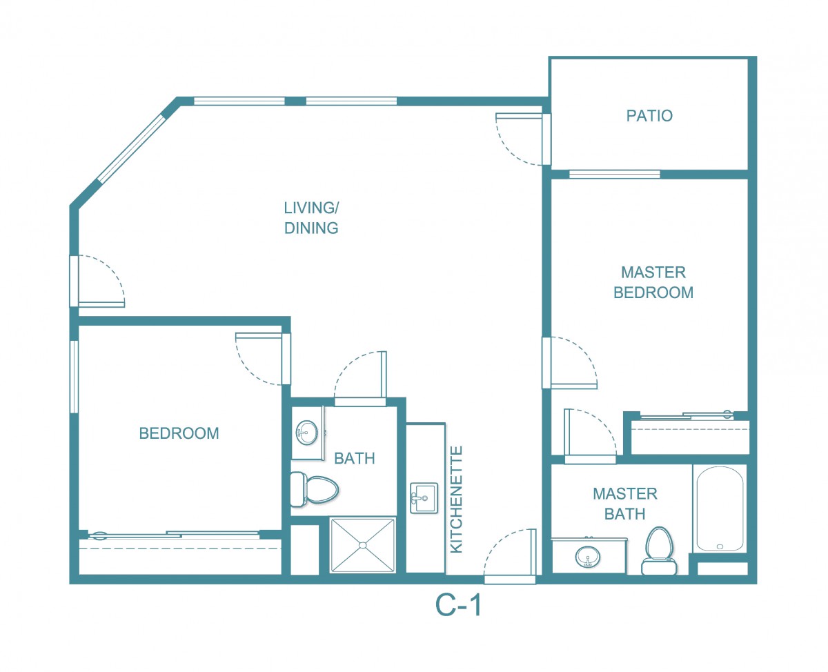 Floor plan of a two-bedroom, two-bathroom apartment with a living/dining area and patio.