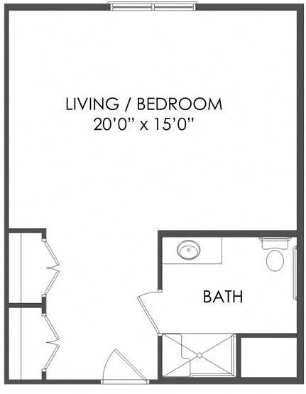 Studio apartment floor plan with living/bedroom area and bath.
