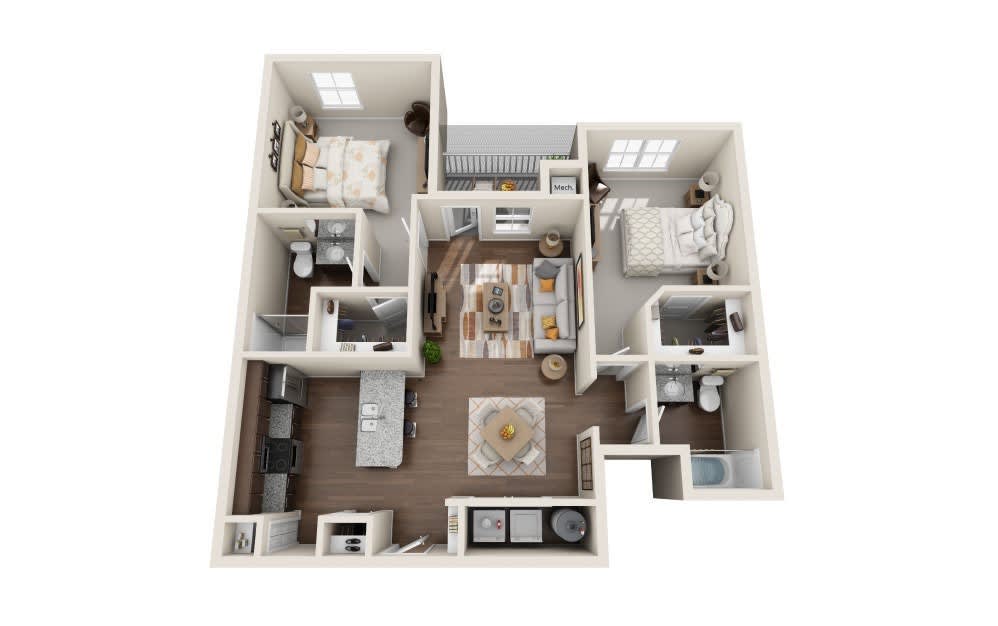 A 3D-rendered floor plan of an apartment with multiple rooms, including bedrooms, bathrooms, and living areas.