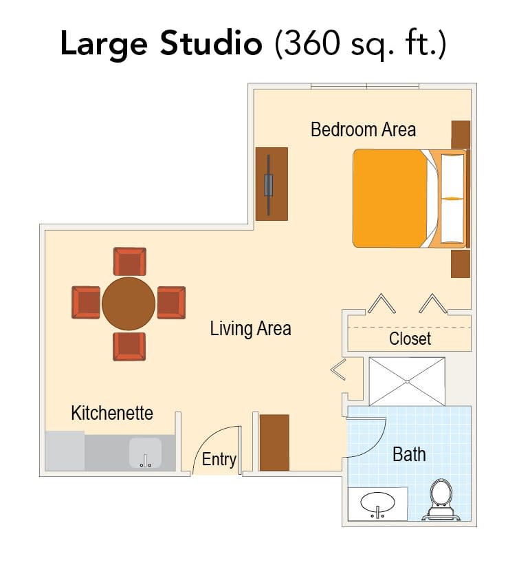 Floor plan of a large studio apartment measuring 360 square feet.