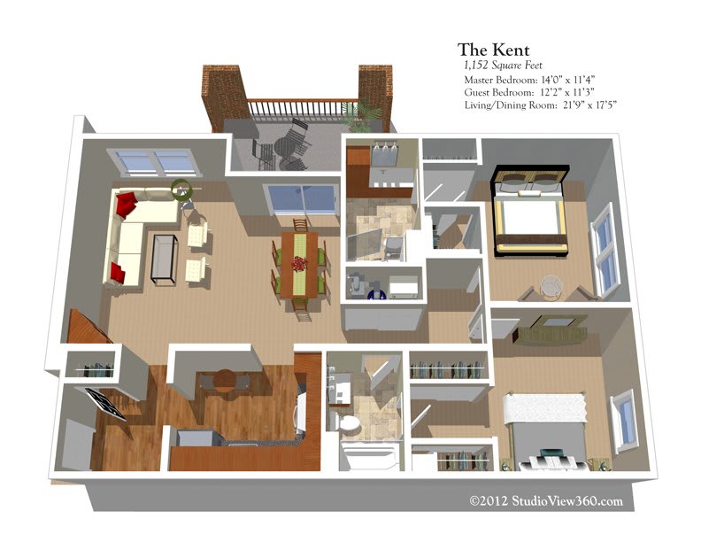 A 3D floor plan of a two-bedroom apartment featuring labeled dimensions for each room.