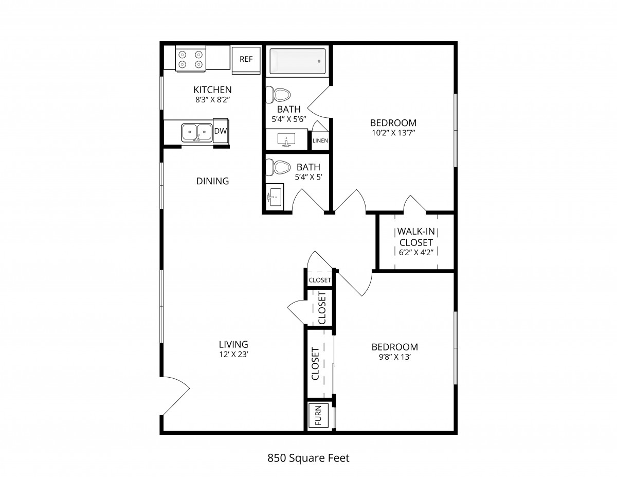 A floor plan depicting a two-bedroom apartment with labeled rooms and dimensions.