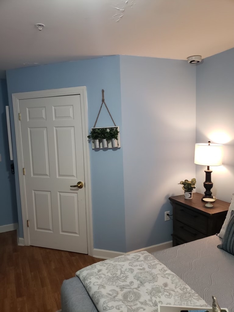 A cozy bedroom with blue walls, featuring a nightstand with a lamp and decorative plants.