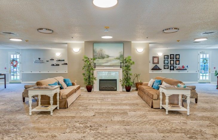 A cozy living room with two couches facing each other and a fireplace in the center, flanked by decorative plants and artwork.