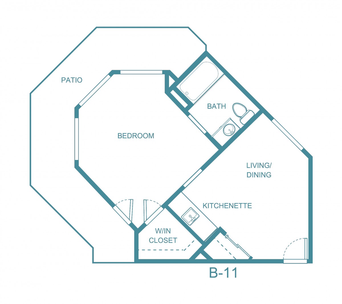 Floor plan of a one-bedroom apartment with living/dining area, kitchenette, bathroom, walk-in closet, and patio.
