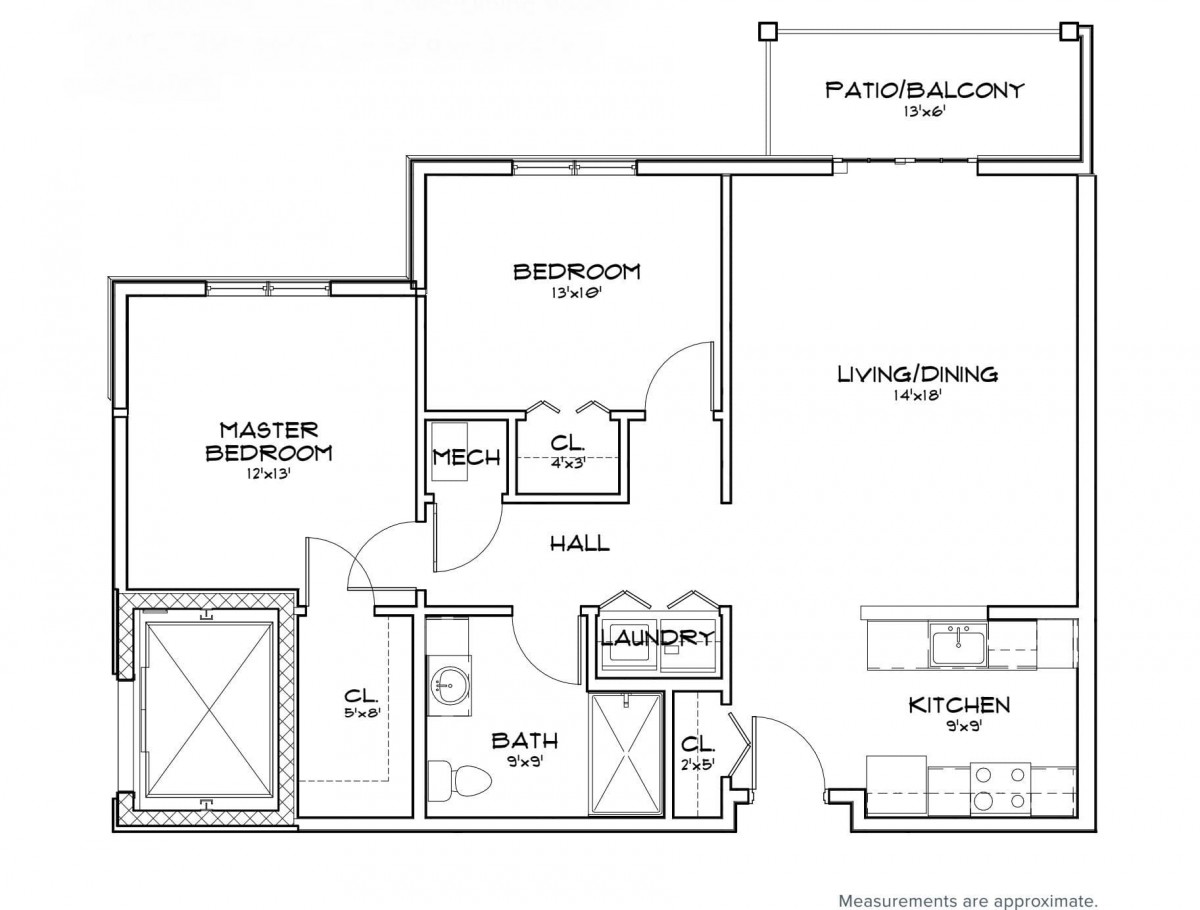 This is a floor plan of an apartment showing the layout of rooms including the master bedroom, additional bedroom, living room, kitchen, bathroom, laundry room, and patio/balcony.