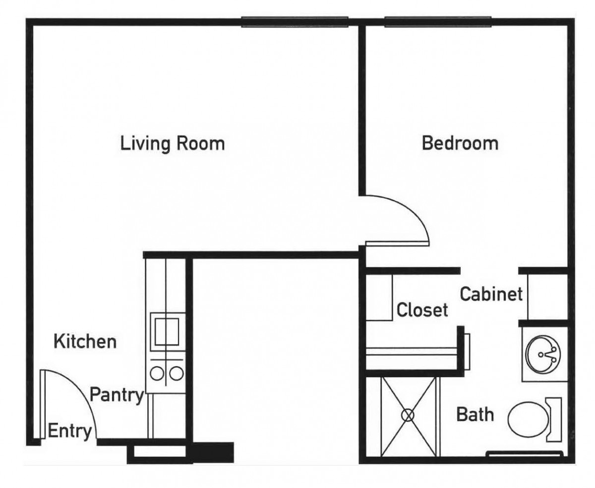 This is a simple floor plan of an apartment featuring a living room, kitchen, bedroom, and bathroom.