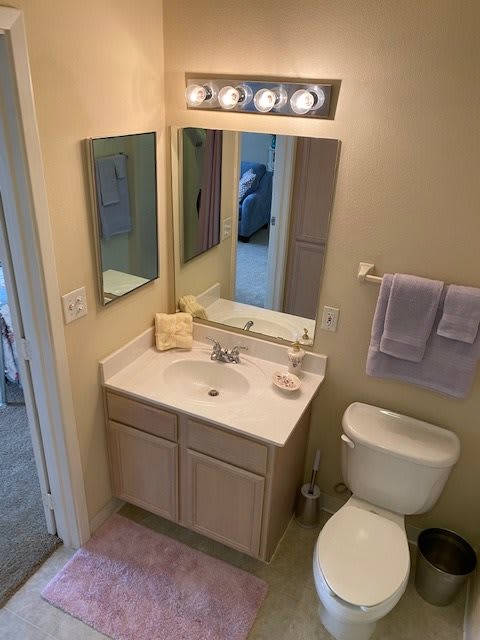 A small bathroom with a sink, mirror, and toilet.