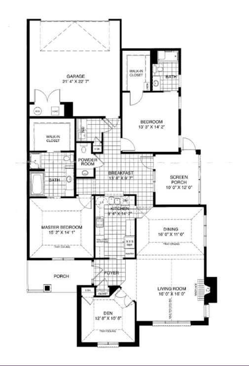 A detailed architectural floor plan of a house showing the layout of various rooms and spaces.