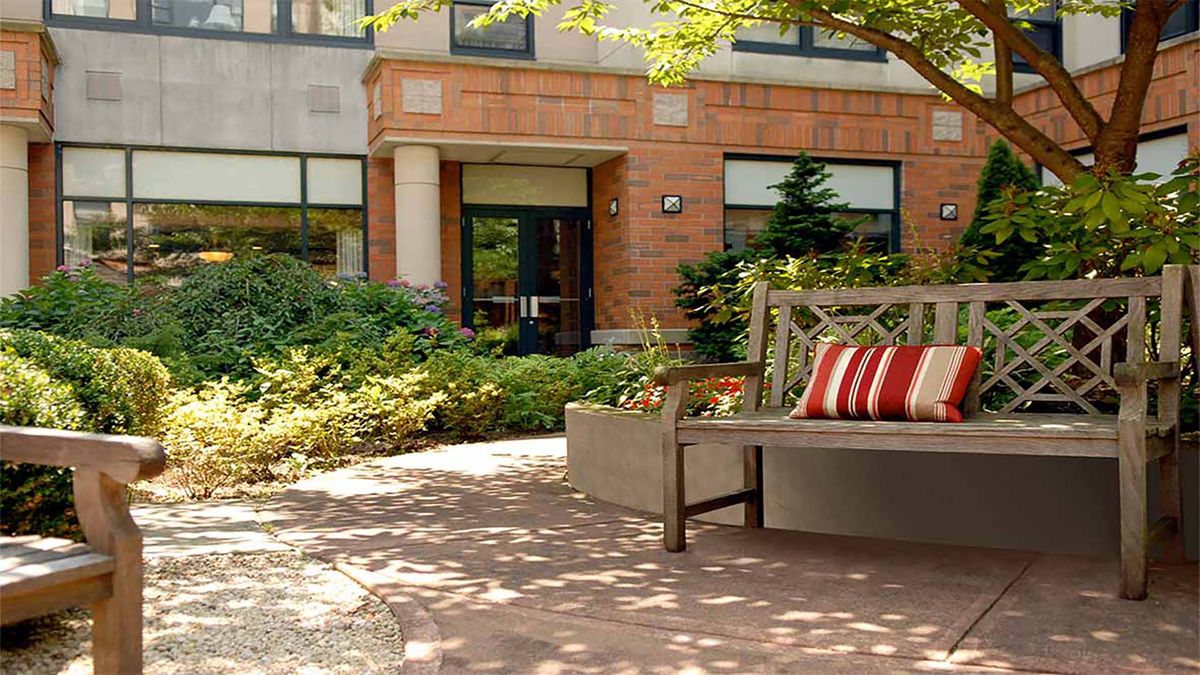 A tranquil outdoor seating area with a bench, surrounded by lush greenery and adjacent to a building.