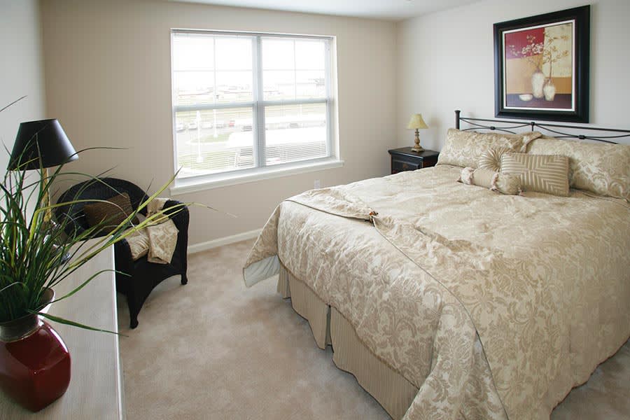 A cozy bedroom with a large bed, a window letting in natural light, and tasteful decor.