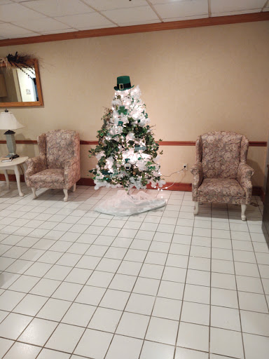 A festive Christmas tree surrounded by cozy chairs in a warmly decorated room.