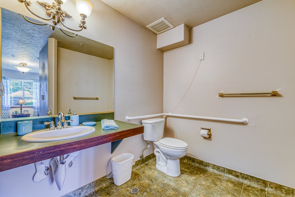 A handicap-accessible bathroom featuring a toilet, sink with a mirror, and towel rack.