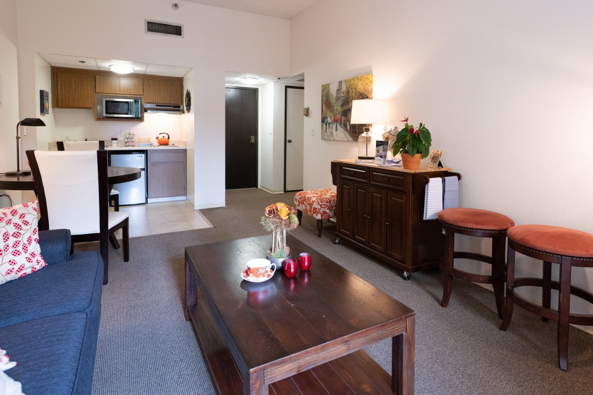 A cozy apartment living room with a kitchen area in the background, featuring modern furniture and decor.