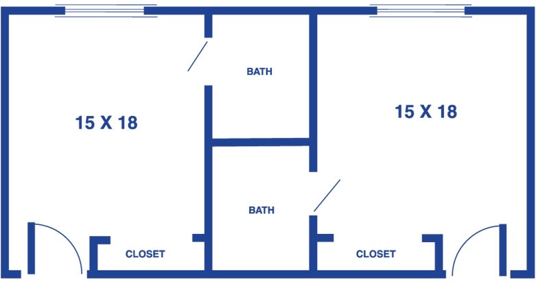 A simple floor plan showing two bedrooms with bathrooms and closets.