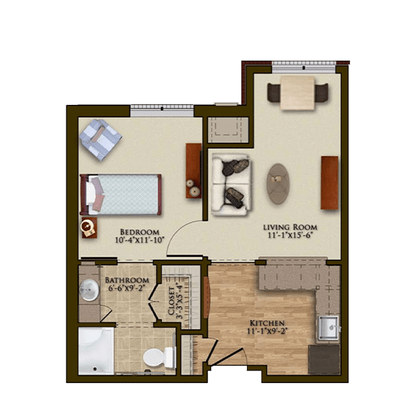A floor plan of a one-bedroom apartment featuring a living room, kitchen, and bathroom.